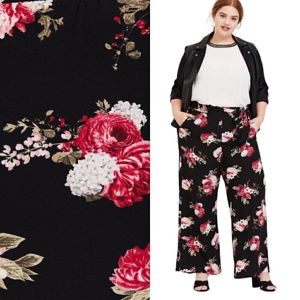 Torrid Wide Leg Stretch Crepe High-Rise Tie-Front Floral Black Pant Medium